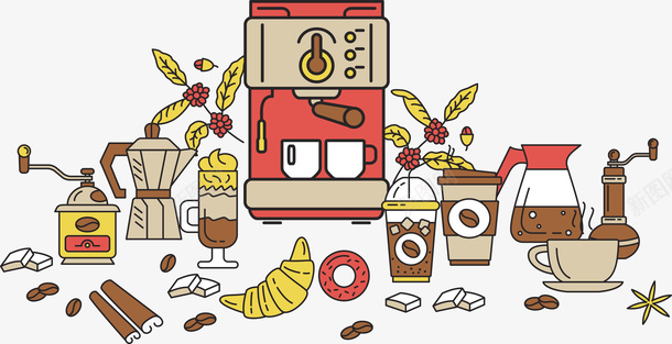 手绘咖啡机与咖啡杯矢量图eps免抠素材_新图网 https://ixintu.com 咖啡 咖啡PNG 手绘 手绘咖啡机 红色 红色咖啡机 矢量图