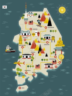 手绘矢量旅游韩国景点地图大佛首尔海报背景背景