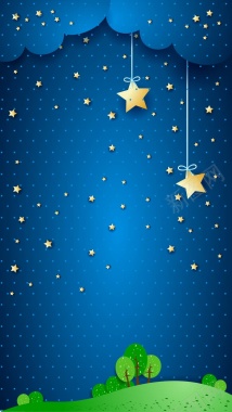 蓝色卡通月夜风景星空H5背景矢量图背景