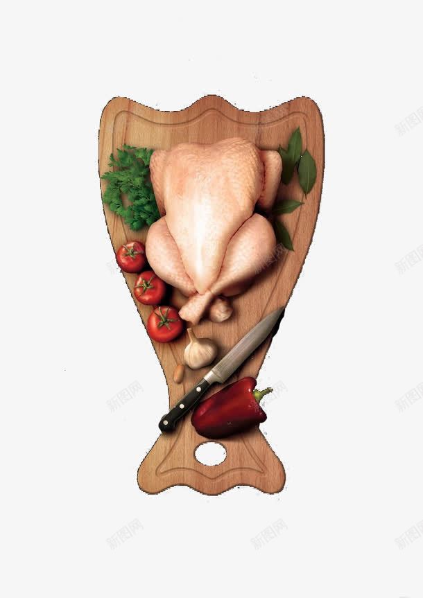 菜板上的鸡png免抠素材_新图网 https://ixintu.com 一整只鸡 圣诞火鸡 小刀 番茄 蒜 食材 鱼形菜板 鸡肉