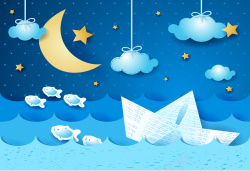 童趣卡通蓝色星空大海小船背景矢量图高清图片