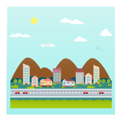 蓝天白云开心城镇房子公路卡通背景矢量图高清图片