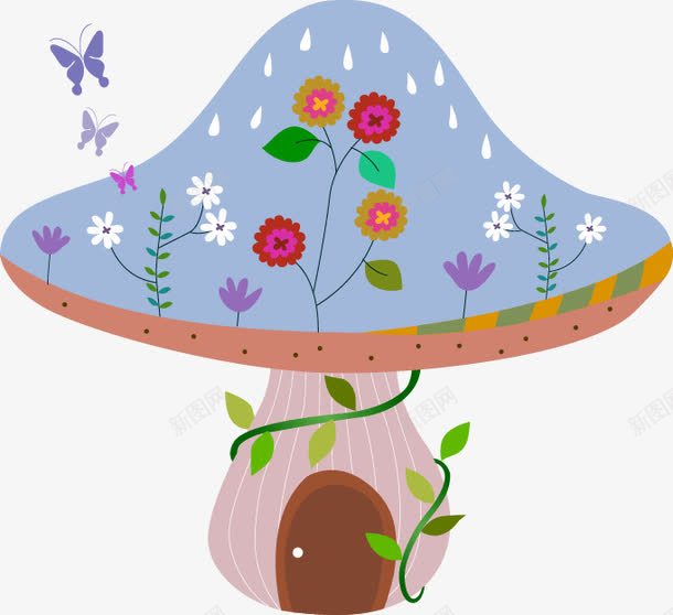 手绘蓝色蘑菇屋子花朵png免抠素材_新图网 https://ixintu.com 屋子 手绘 花朵 蓝色 蘑菇