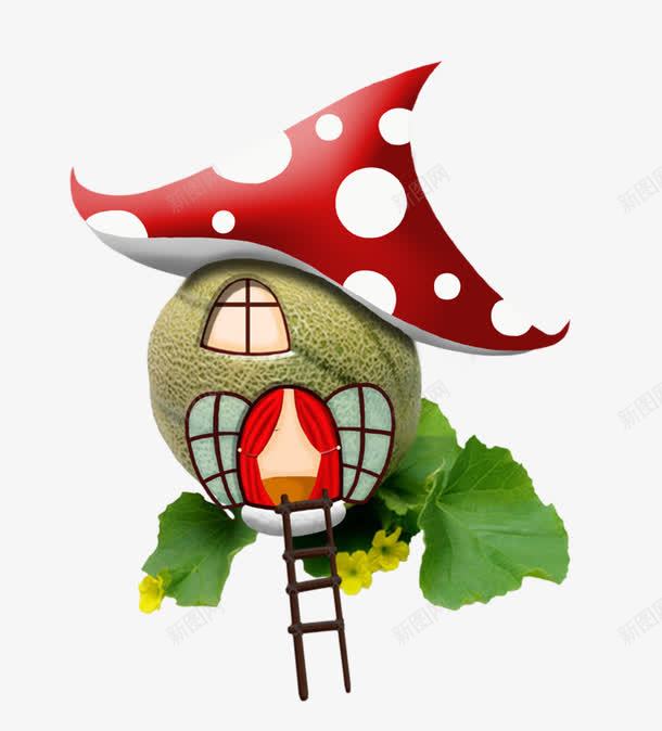 卡通小清新蘑菇房子png免抠素材_新图网 https://ixintu.com 卡通房子 植物 波点屋顶 绿叶 蘑菇房子