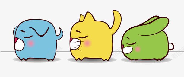 三只可爱的小动物png免抠素材_新图网 https://ixintu.com 卡通 可爱 小动物 绿色的 胡须 蓝色的 黄色的