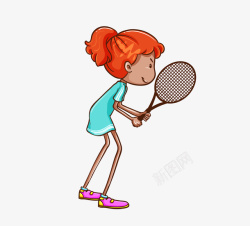 手绘卡通女孩打网球素材
