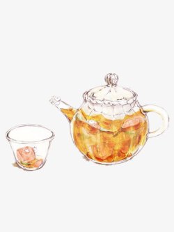 茶壶茶花手绘茶壶插画高清图片