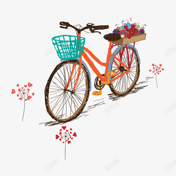 手绘自行车婚礼装饰png免抠素材_新图网 https://ixintu.com 单车 卡通植物 婚礼装饰 背景装饰 自行车