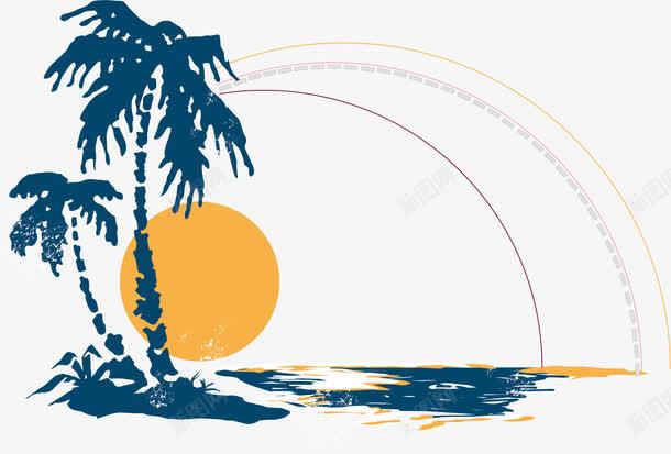 手绘海边日出png免抠素材_新图网 https://ixintu.com 手绘 日出 棕榈树 海边