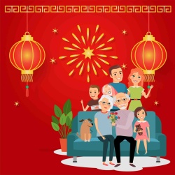 放鞭炮的小孩子矢量手绘春节一家人幸福家庭灯笼海报背景高清图片
