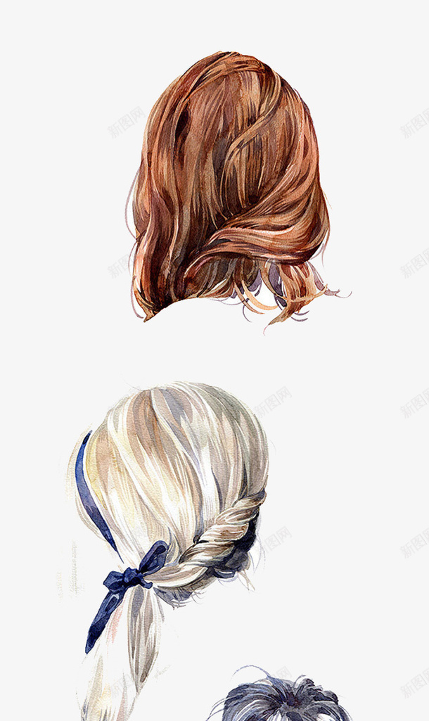 3种不同头发水彩png免抠素材_新图网 https://ixintu.com 后脑 头 头发 头后脑 时尚 水彩 素材 设计