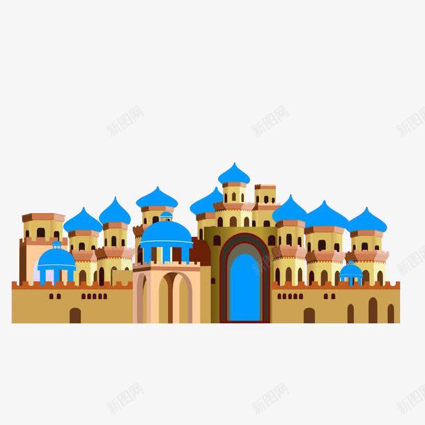 城堡建筑群png免抠素材_新图网 https://ixintu.com 城堡建筑群 王国城堡 蓝色金色土黄色 金色城堡