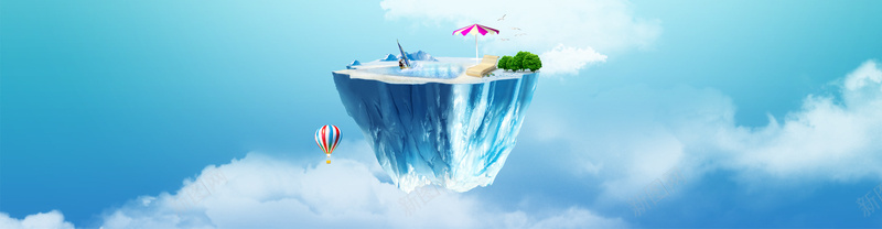 冰山清新背景psd设计背景_新图网 https://ixintu.com 其他 冰山 模型 海报banner 热气球 蓝天白云