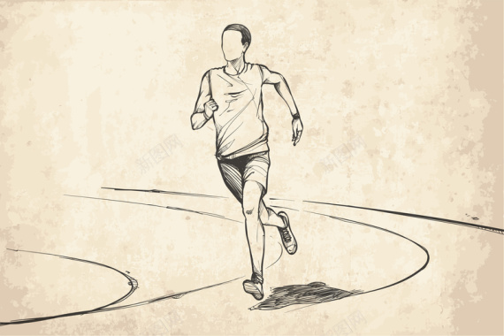 卡通手绘跑步人物复古背景矢量图背景