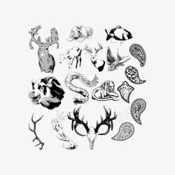 鹿角花纹黑白动物高清图片