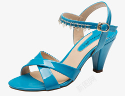 奥康女鞋蓝色装饰高跟凉鞋高清图片