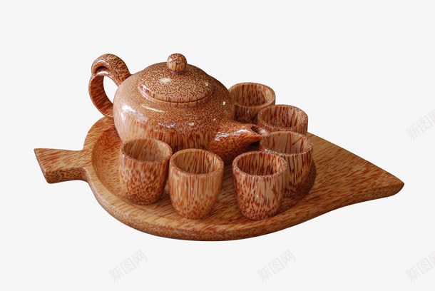 一组实木茶具png免抠素材_新图网 https://ixintu.com 中国风 产品实物 创意 木制品 茶壶 茶杯