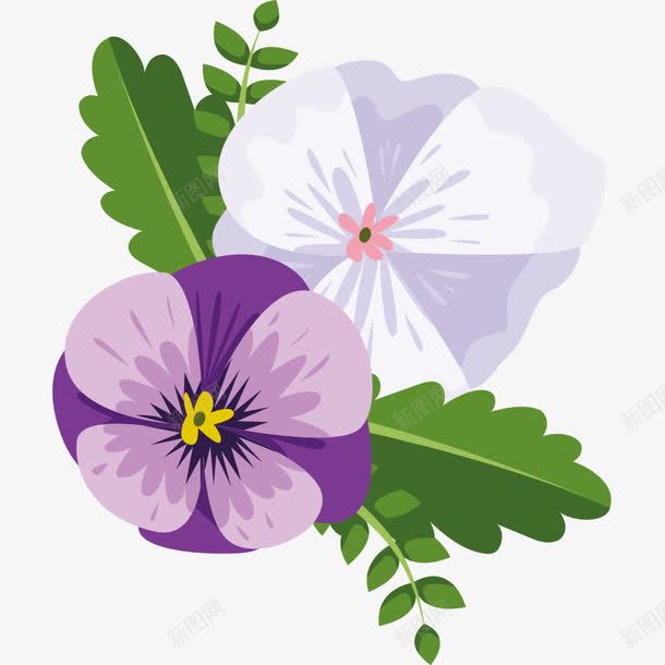 紫色白色的花png免抠素材_新图网 https://ixintu.com 卡通 叶子 手绘 水墨 白色 紫色 绿色 花朵