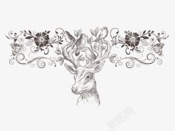 线条鹿头手绘花朵鹿头高清图片