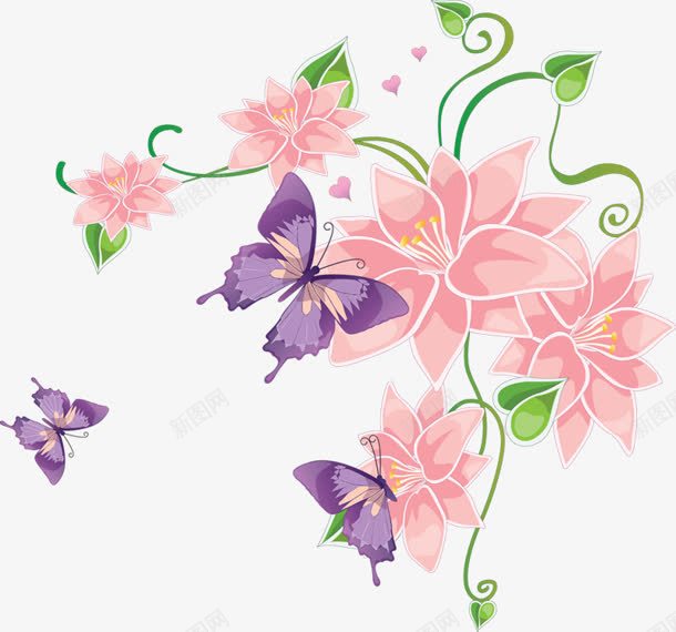 粉色花朵和紫色蝴蝶png免抠素材_新图网 https://ixintu.com 粉色 紫色 花朵 蝴蝶