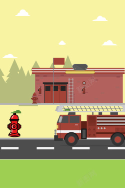 景图卡通手绘消防安全消防车海报背景图矢量图高清图片