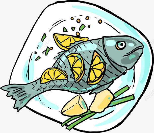 蓝色手绘鱼png免抠素材_新图网 https://ixintu.com 卡通餐饮 料理 料理插图 绿色鱼 美食 菜肴 装饰图案 食物 餐厅