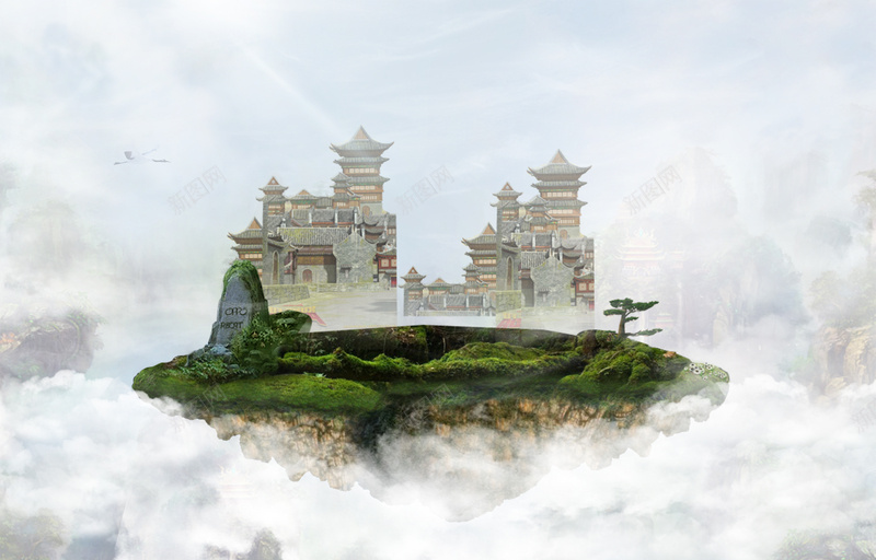 中国风仙境宣传海报背景psd设计背景_新图网 https://ixintu.com 中国风 云层 仙境 传统建筑 开心 海报 漂浮的石块 背景