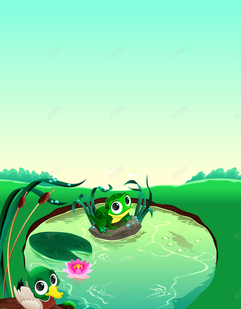 q版动物 卡通动物 可爱背景 小鱼 小鸭 水塘风景 蜻蜓 青蛙 风景插画