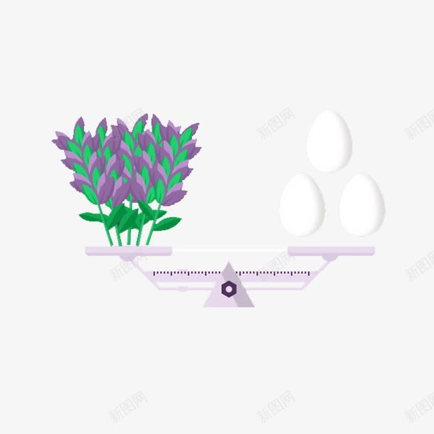 天秤上的植物与鸡蛋png免抠素材_新图网 https://ixintu.com 天秤免费PNG下载 平衡 白色鸡蛋 紫色植物透明PNG 绿叶