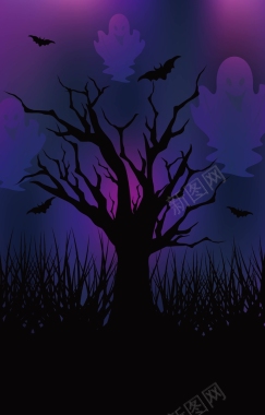 紫色树枝上的鬼怪和蝙蝠背景矢量图背景