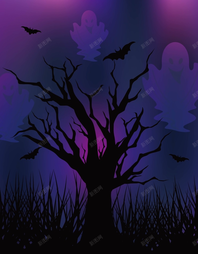 紫色树枝上的鬼怪和蝙蝠背景矢量图ai设计背景_新图网 https://ixintu.com AI 卡通 恐怖 树枝 海报 矢量素材 紫色 背景 蝙蝠 高清背景设计图 鬼怪 矢量图