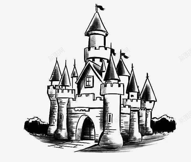 手绘城堡素描透明png免抠素材_新图网 https://ixintu.com 古堡素描 圆锥体屋顶 城堡 素描 透明