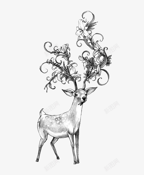 可爱的小鹿psd免抠素材_新图网 https://ixintu.com 动物 小鹿 花朵 装饰素材 鹿角