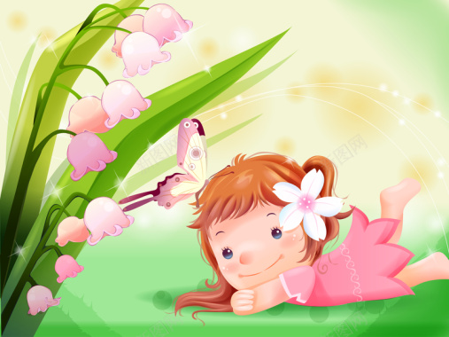 小女孩与蝴蝶嬉戏儿童卡通插画矢量图背景