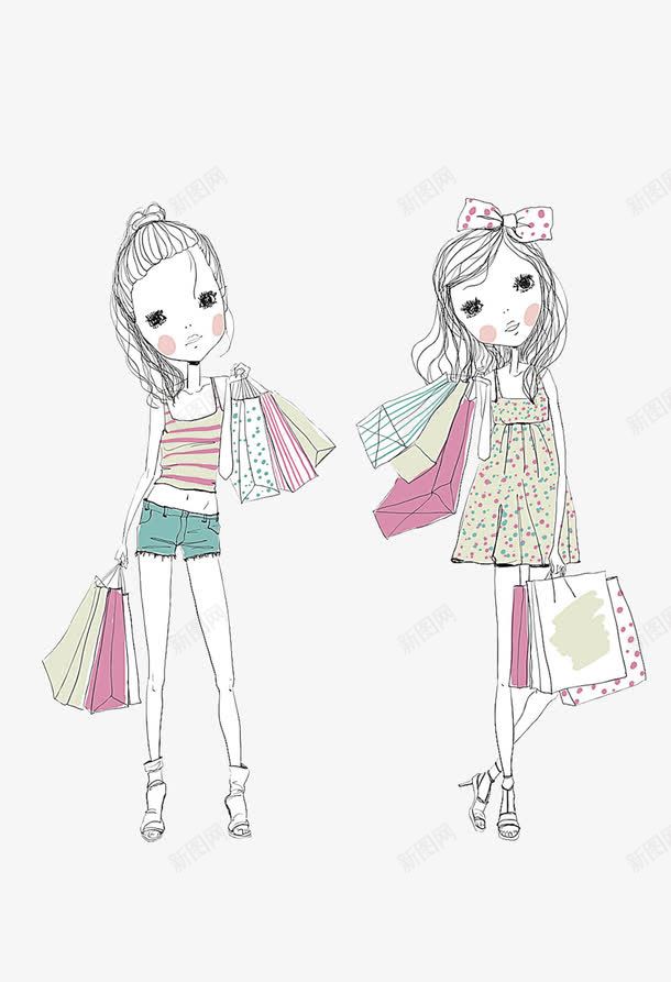 购物的两个卡通美女png免抠素材_新图网 https://ixintu.com 