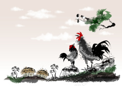 田园户外背景素材手绘水墨画公鸡打鸣平面广告矢量图高清图片