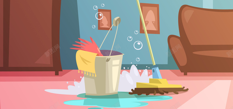 淘宝矢量卡通家庭清扫卫生插画沙发地板海报背景