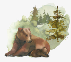 卡通手绘熊与树木素材