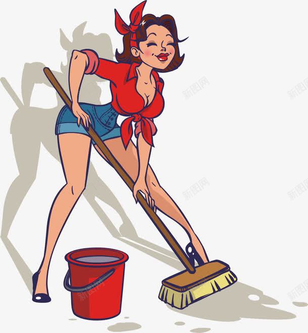 拖地的卡通美女png免抠素材_新图网 https://ixintu.com 打扫卫生 打扫房间 拖地 日常生活 美女
