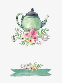 手绘绿色水彩茶壶花朵素材