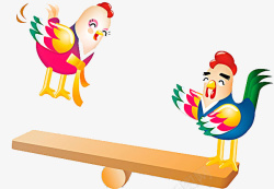 卡通两只鸡玩跷跷板素材