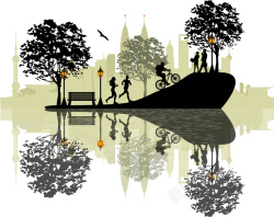 长椅免抠人物手绘城市公园人物活动剪影背景矢量图高清图片