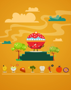 长满辣椒的辣椒树可爱卡通美食宣传海报背景矢量图高清图片