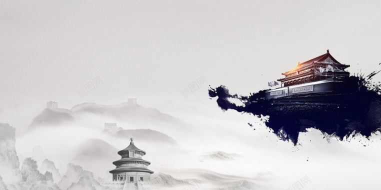 水墨中国风古代建筑背景