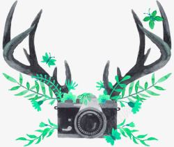 绿色简约鹿角相机装饰图案素材