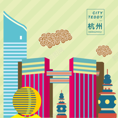 杭州代表性标志性建筑矢量背景