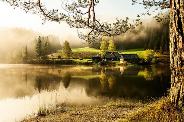 夕阳下湖水小屋树林jpg设计背景_新图网 https://ixintu.com 夕阳 小屋 树林 湖水