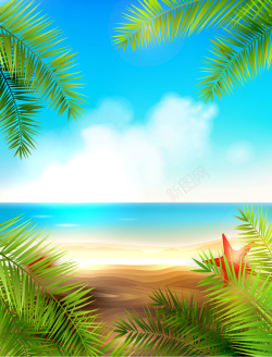 手绘沙滩矢量卡通海边旅游背景高清图片