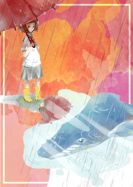 水彩炫彩下雨中的打伞女孩海报背景矢量图背景