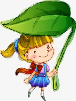 遮雨的女孩用叶子遮雨的女孩卡通人物手绘高清图片